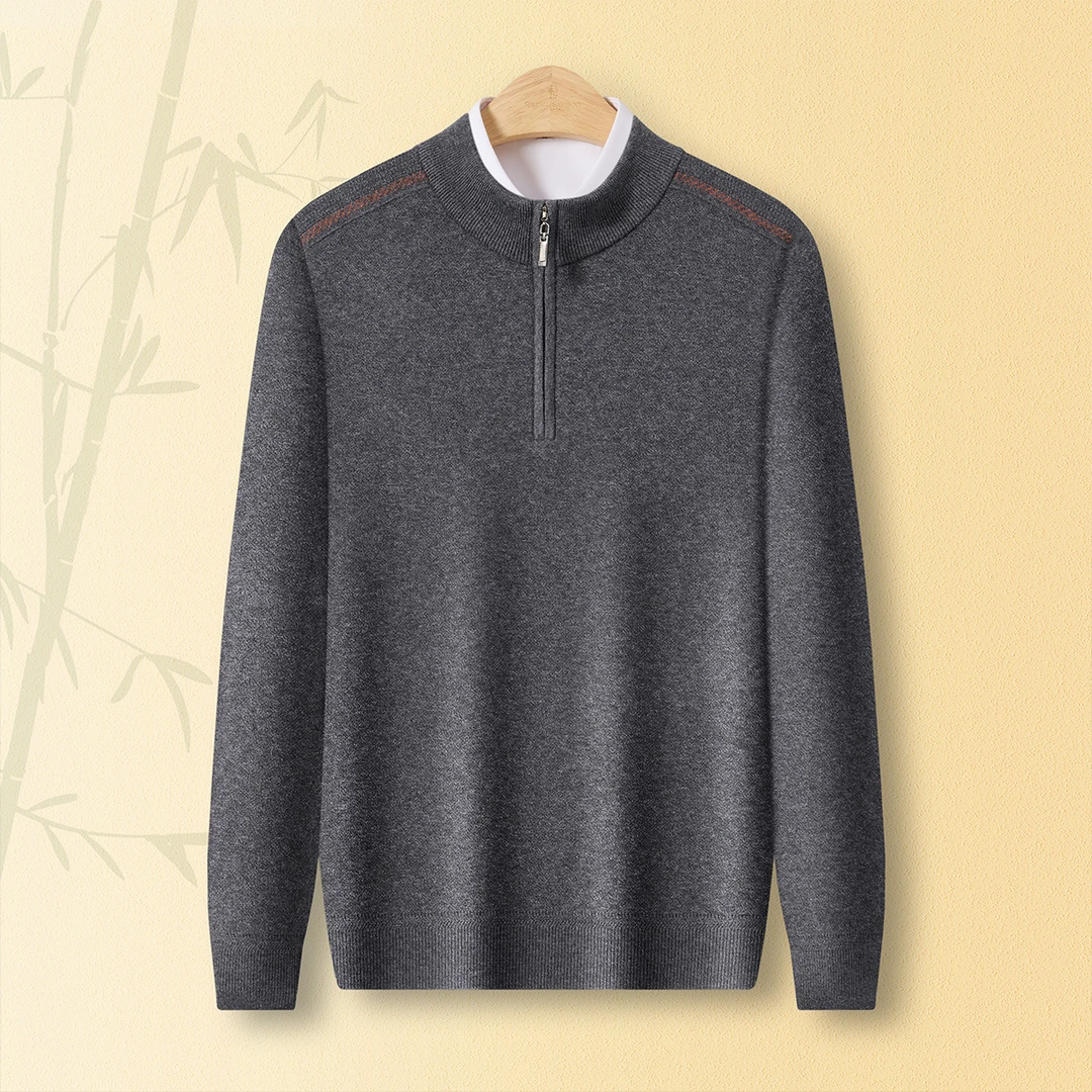 【男士精品】春竹25秋冬半高领半襟拉链商务通勤毛衣加厚款纯羊毛衫