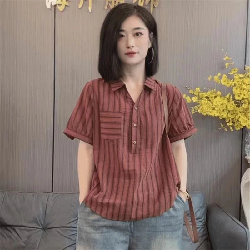 中年妈妈装宽松翻领衬衫女夏季洋气减龄休闲遮肉衣服衬衣短袖上衣