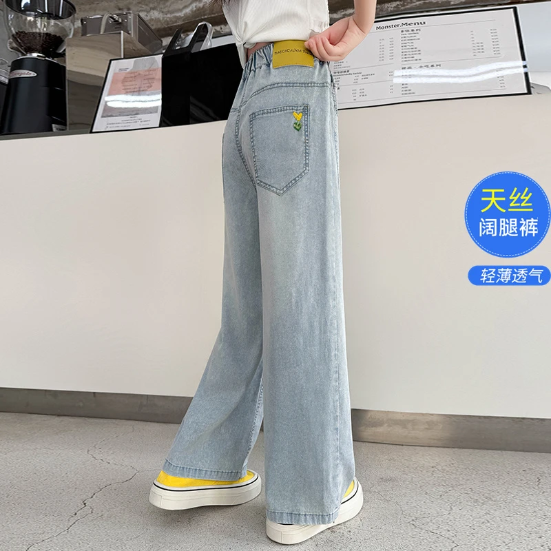儿童夏季轻薄天丝牛仔阔腿裤2025年新款女童休闲裤时尚防蚊裤童装