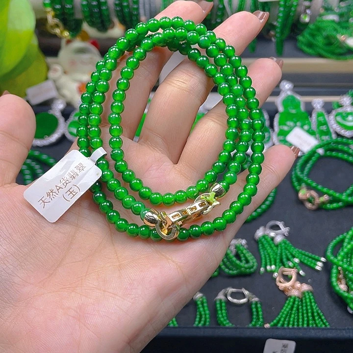 翡翠未镶嵌颈饰?***你圆珠阳绿项链5
