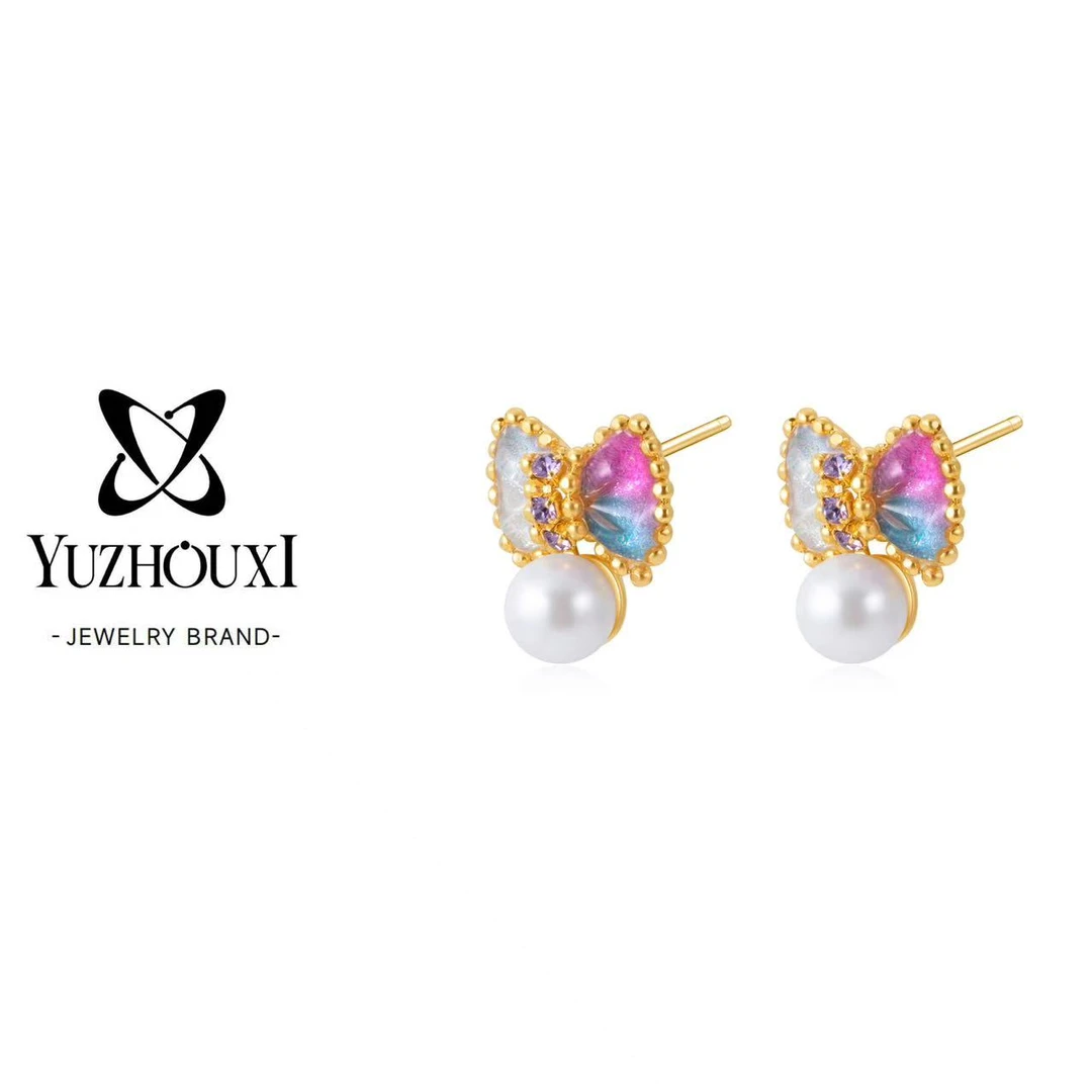 铜合金亚克力耳饰 U2-001【异色蝴蝶结贝珠迷你耳钉】