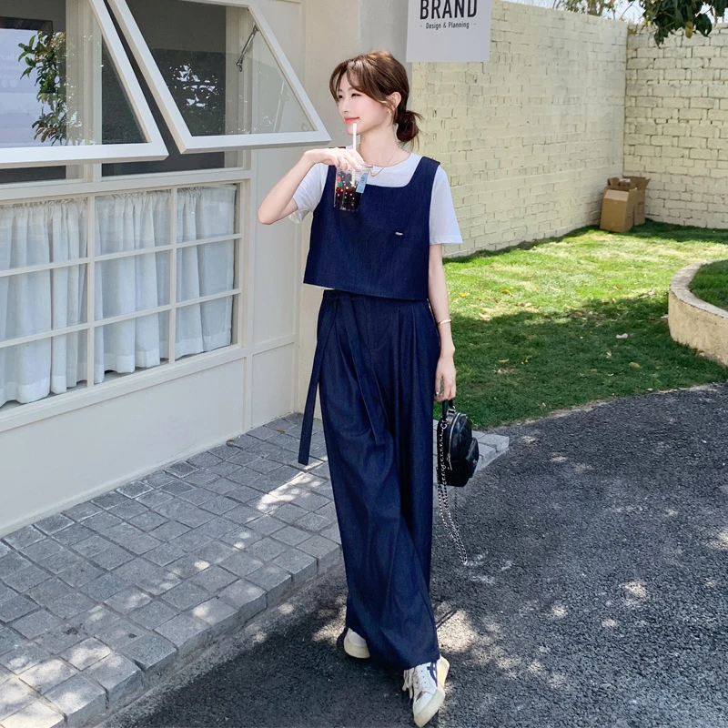 松弛感穿搭马甲T恤阔腿裤套装2025女夏新款韩系慵懒风显瘦三件套