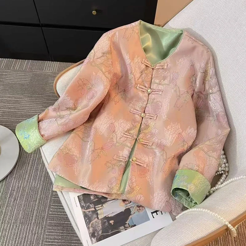 长袖直襟圆领单排扣短款提花上衣中国风新中式春季气质唐装