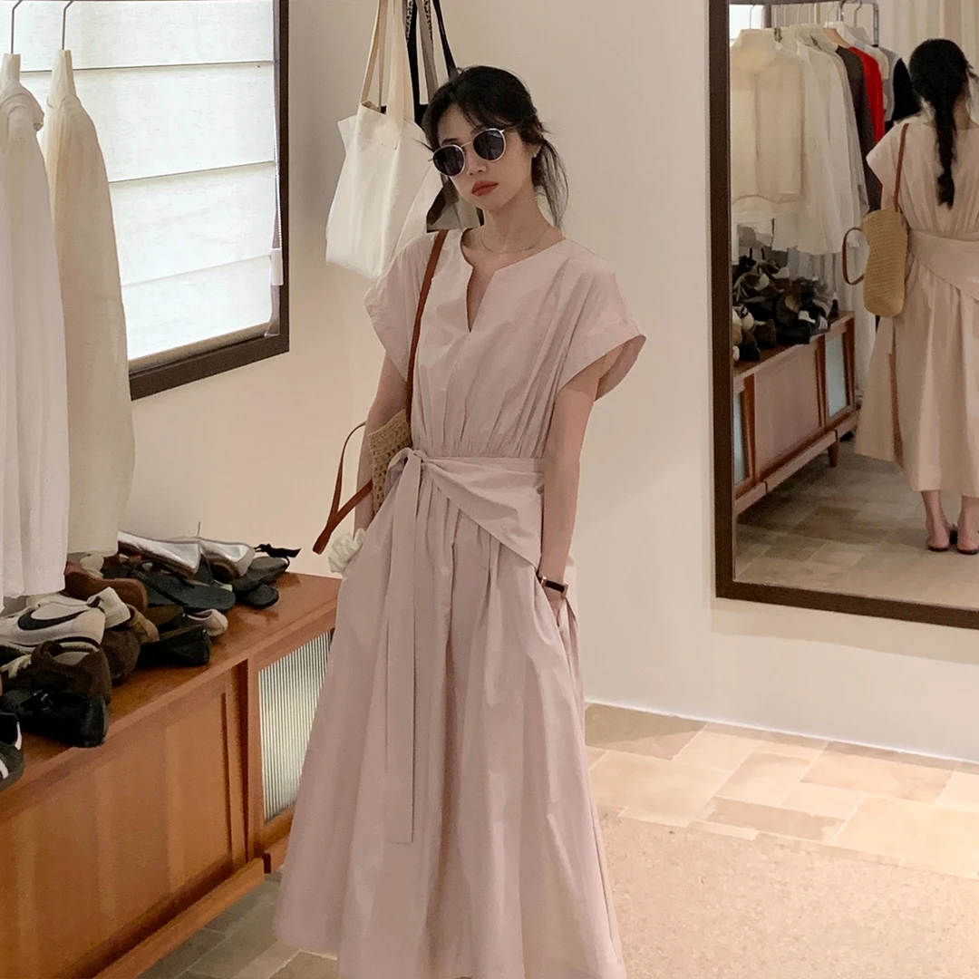 【双色绑带收腰连衣裙】女2025夏季新款时尚减龄气质小飞袖洋气长裙