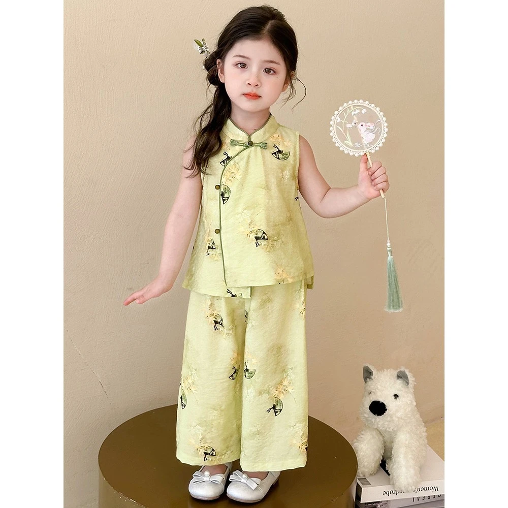 汉服女童国风无袖旗袍套装夏季2025新款儿童古风背心宝宝中式衣服