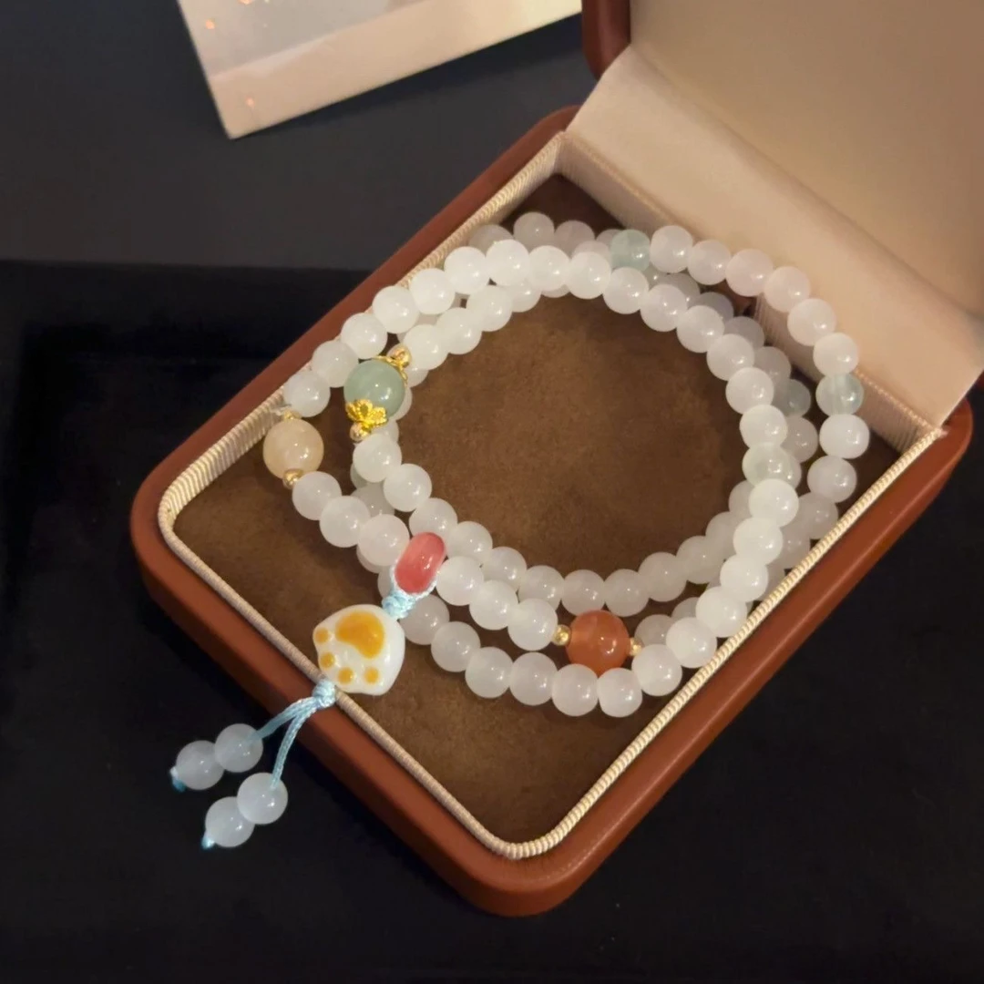 非金属玻璃手链 可爱炭烧猫爪三圈中式国潮手链闺蜜编织串珠手串