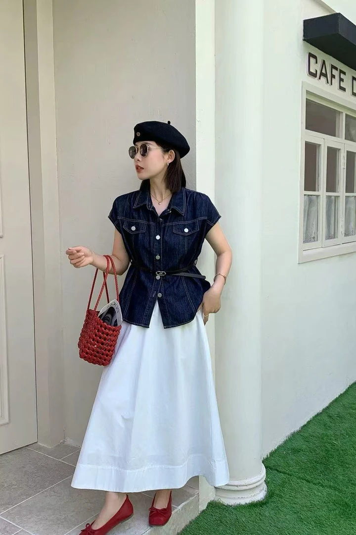 美美推荐8835牛仔马甲+松紧腰纯色休闲半身裙套装(配腰带)