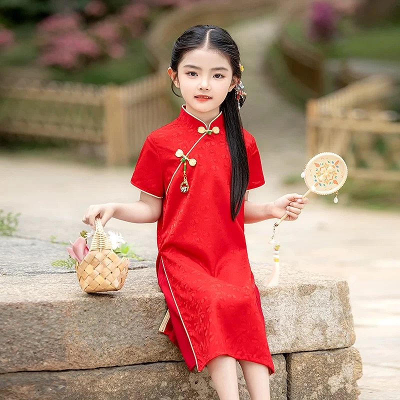 女童红色奥黛旗袍裙送考儿童旗开得胜夏季新中式小女孩六一演出服