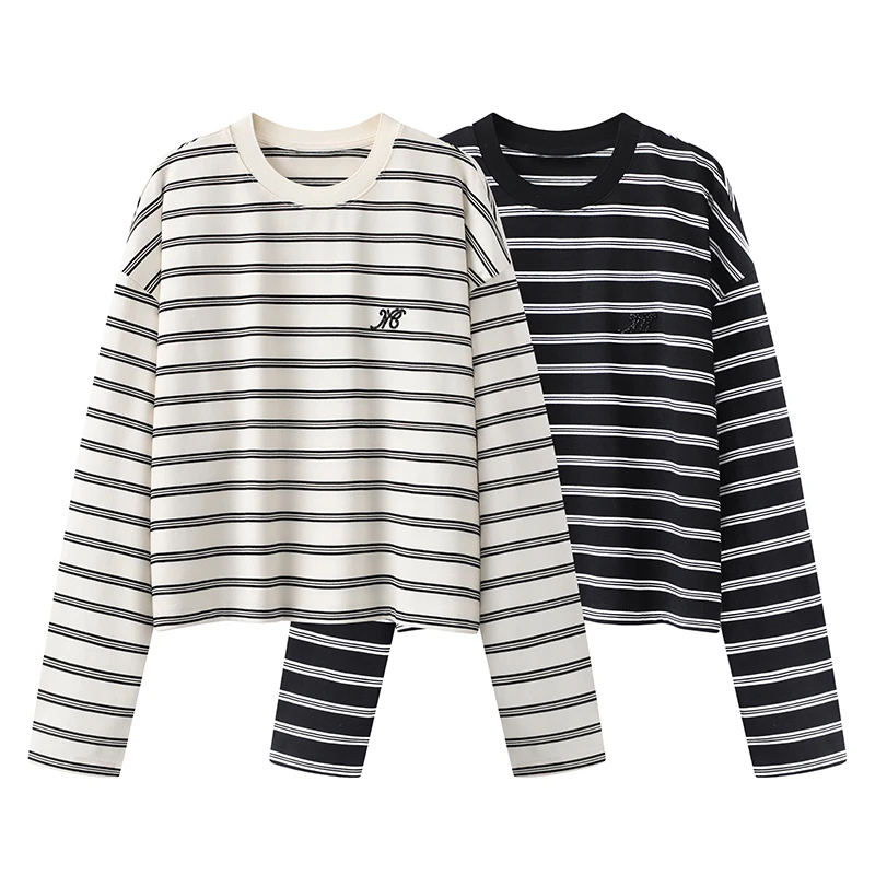 C251春季新品圆领条纹撞色字母烫钻休闲宽松短款长袖T恤上衣女