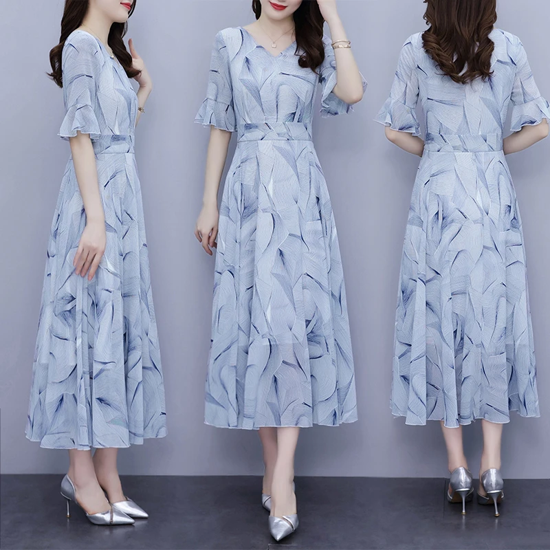 夏季雪纺碎花连衣裙女长款到脚踝2025年新款时尚显瘦遮副乳连衣裙