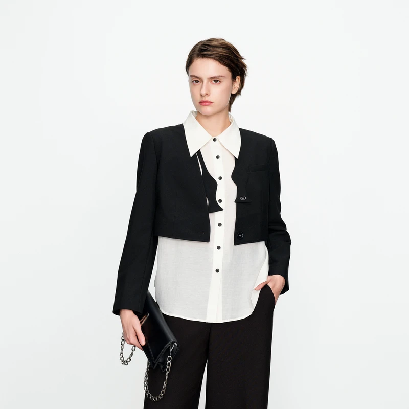 婉甸2025春季新品黑色拼接假两件外套通勤风1241O11MS2