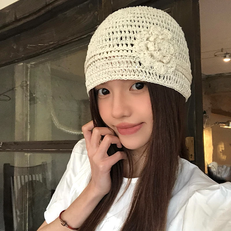 手工钩织镂空花朵套头帽女春夏季透气薄款优雅气质百搭白色包头帽