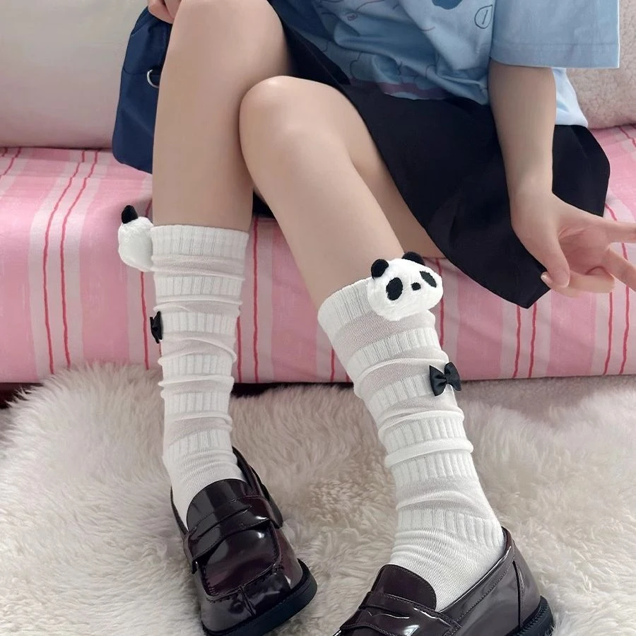 女袜熊猫夏季薄款白色透气百搭小腿袜堆堆袜防臭日系可爱JK中筒袜