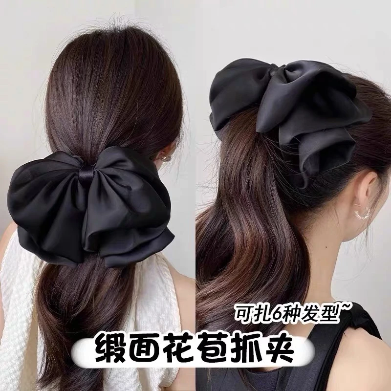E4584法式黑色蝴蝶结马尾抓夹高级感饱满后脑勺高级感缎面女大号