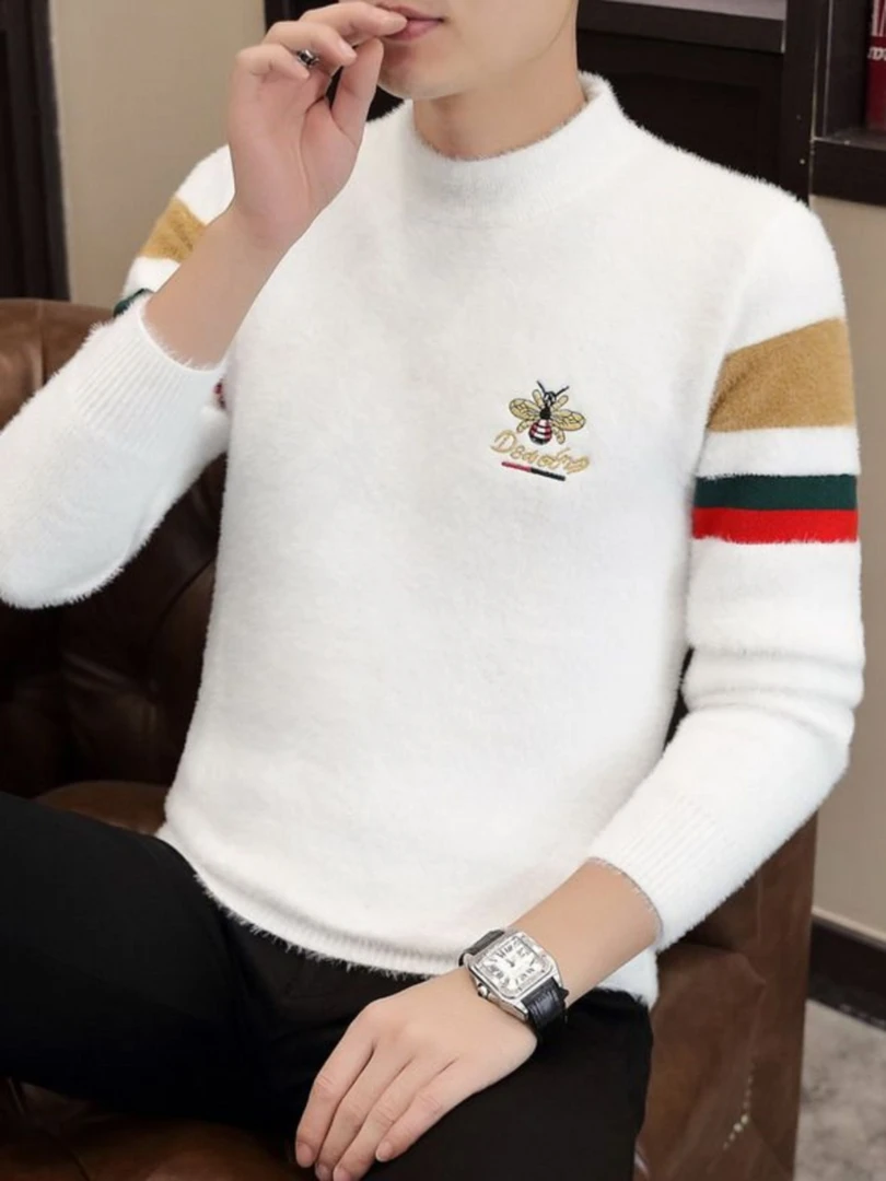 凯邦威男装冬季时尚毛衣半高领针织衫刺绣拼色蜜蜂图案打底衫内搭