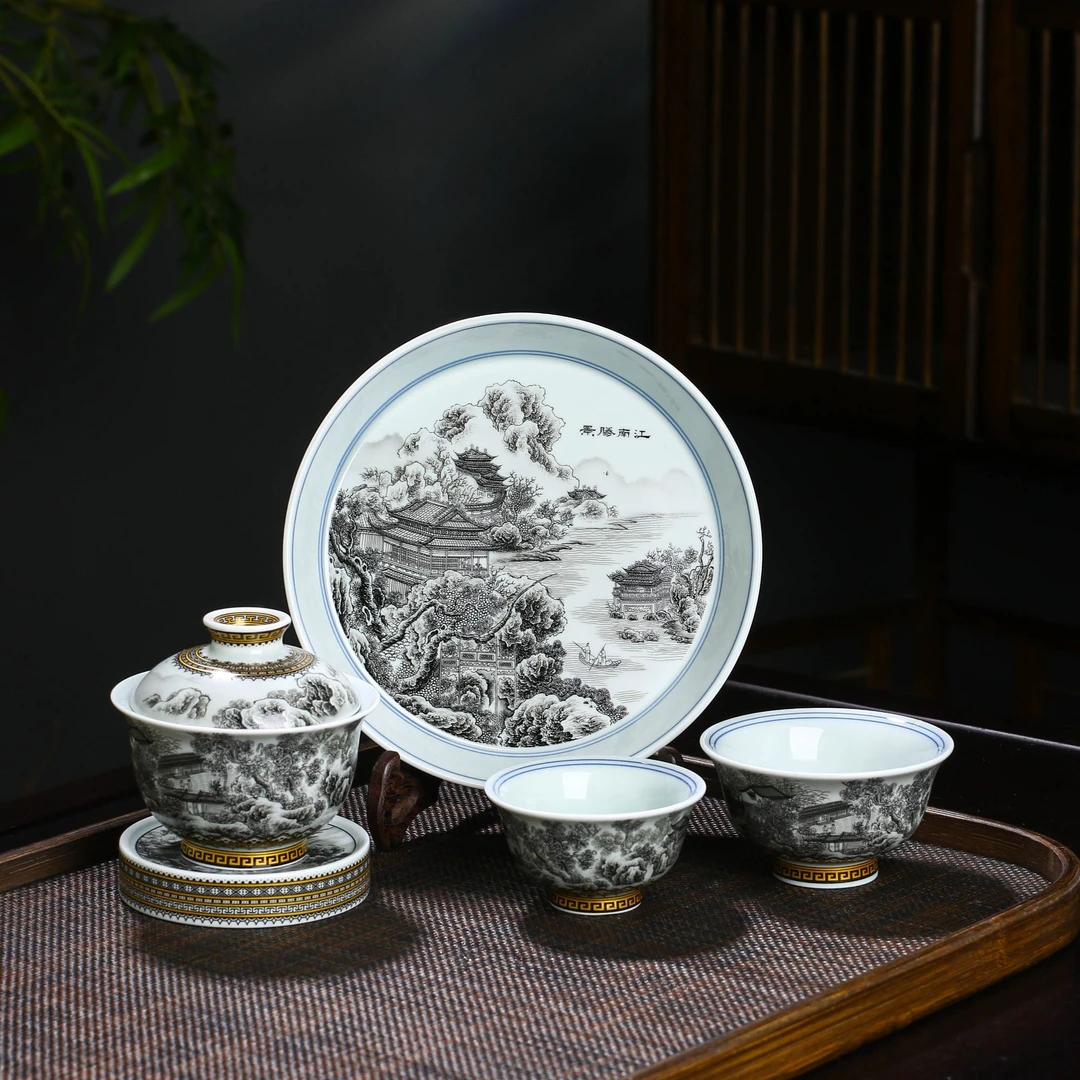 景德镇七丞堂手工重工高温瓷墨彩山水江南胜景五件套礼盒套装茶具