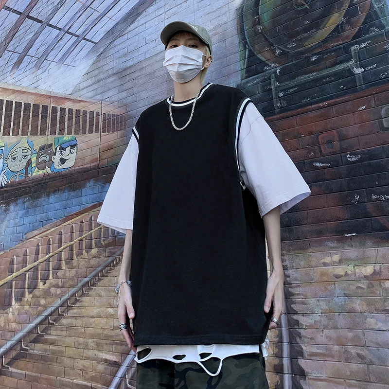 77092夏季潮牌港风复古设计感假两件情侣百搭圆领短袖T恤