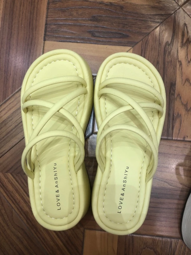 3906仙女风一字型松糕底一字拖纯色外穿平底胶粘鞋凉鞋12