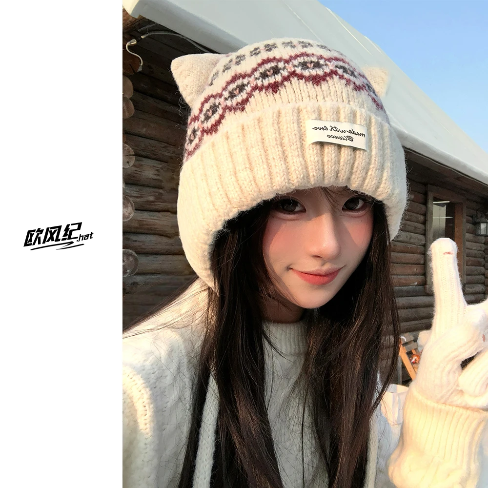 可爱猫耳朵费尔岛毛线帽女冬季加绒保暖帽子包头帽针织帽显脸小潮