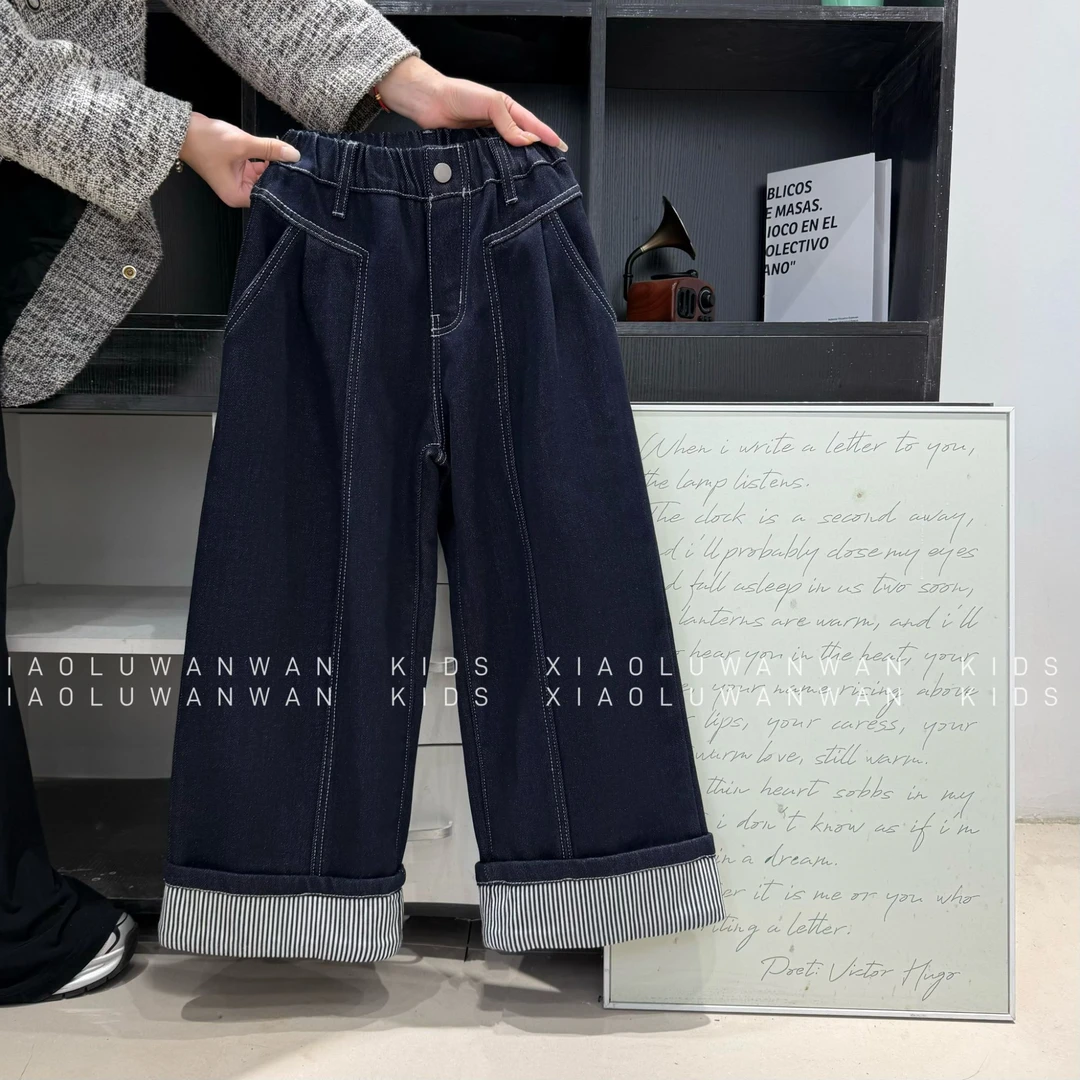 D04秋冬女儿童新款条纹脚口一体绒牛仔裤