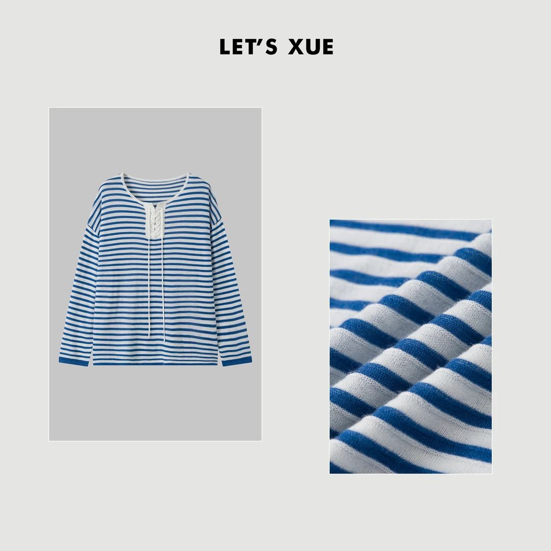 XUE【盐系条纹】罗马领绑带条纹防晒透气长袖T恤女