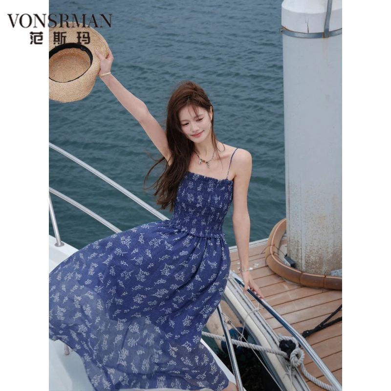 2025新款高级感美南法度假风印花可调节肩带连衣裙女夏 VONSRMAN