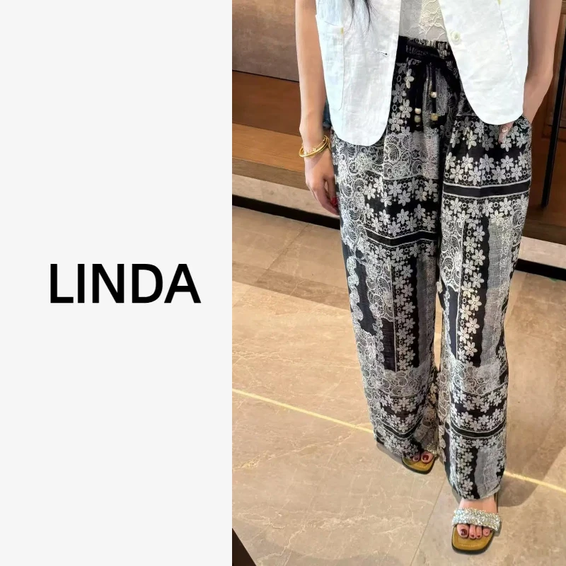 印花防晒阔腿裤女2025夏季新款时尚松紧腰休闲薄款直筒裤子