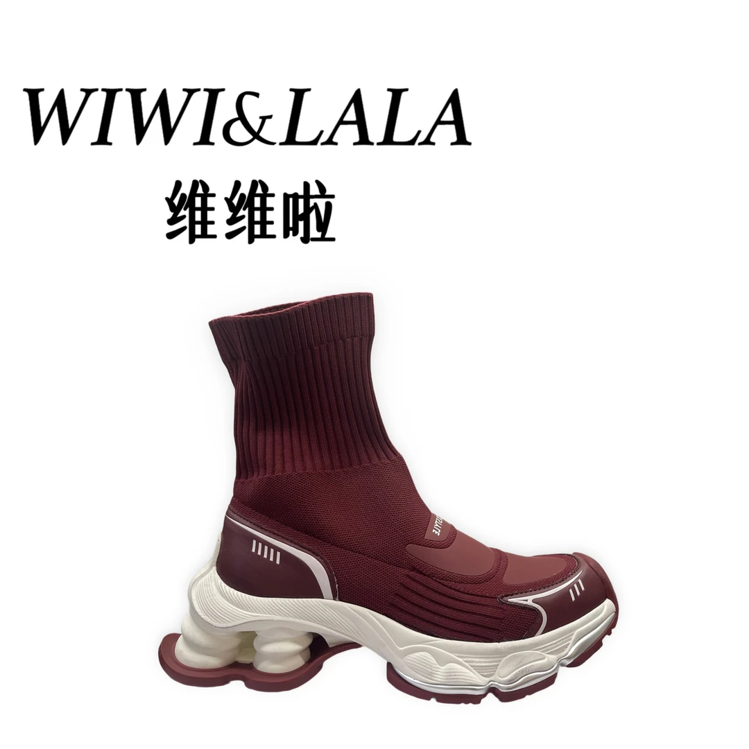 【维维啦】AW25牛皮秋款厚底飞织针织老爹鞋51986-1高帮休闲袜子鞋