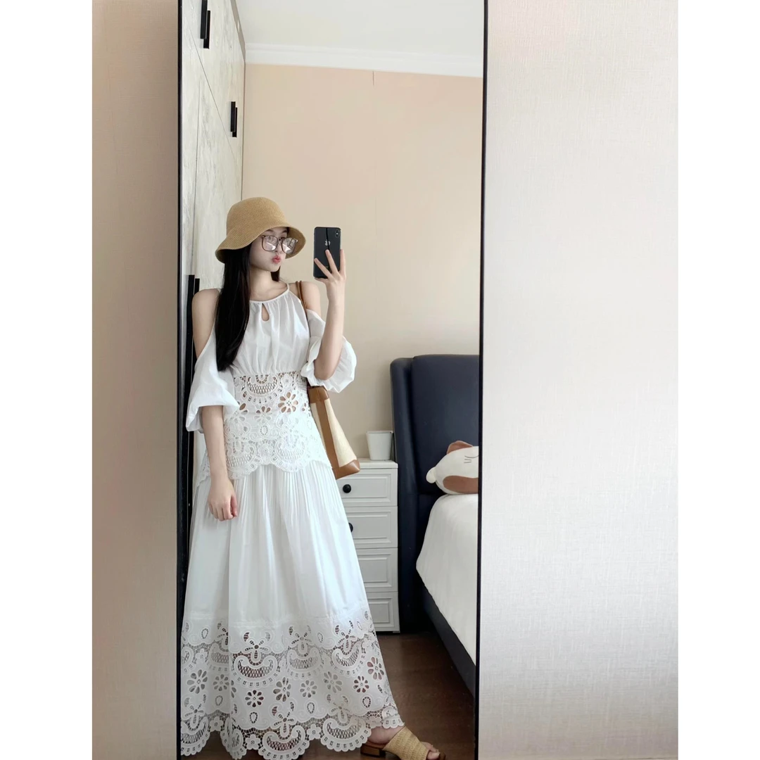 2025夏季新款法式慵懒显瘦露肩衬衫钩花镂空半身裙韩系气质两件套