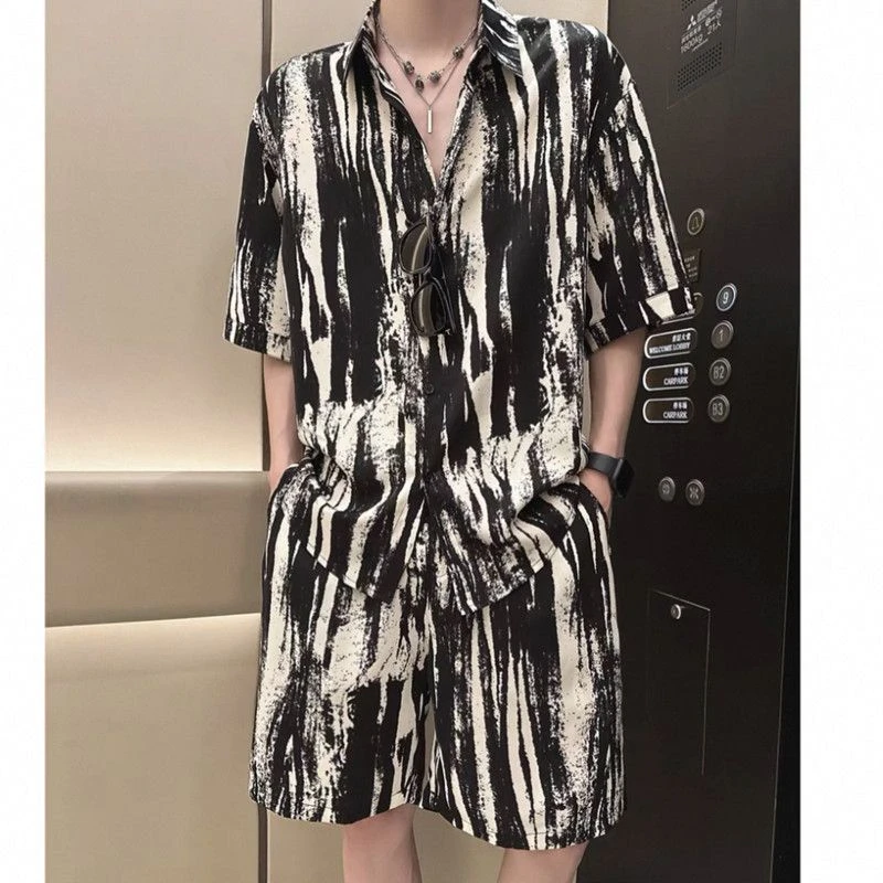 人造棉夏季绵绸青年男士薄款衬衫短裤套装宽松大码休闲开衫