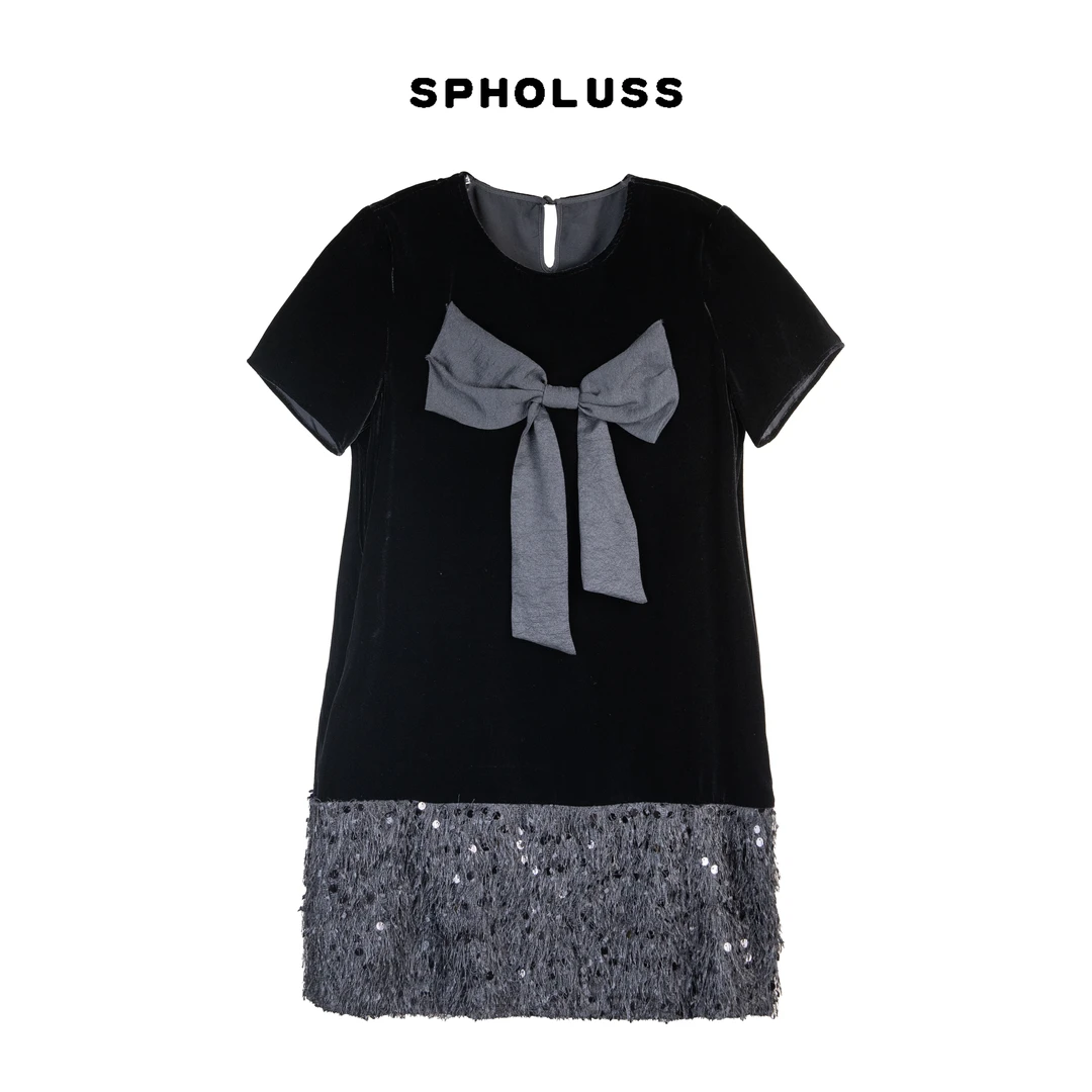 【丝芙玉禄】（K347）重磅100%真丝丝绒下摆重工亮片真丝丝绒连衣裙