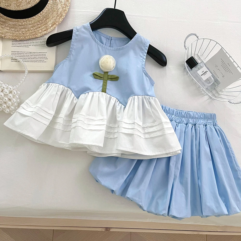 女童花苞短裤套装夏季2025新款洋气时髦无袖拼接花朵上衣两件套潮