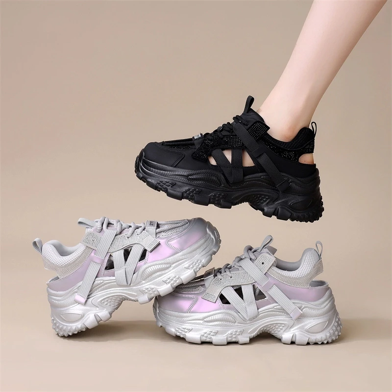 欧货超火厚底网面镂空老爹鞋女2025春夏新款透气轻便不累脚休闲鞋