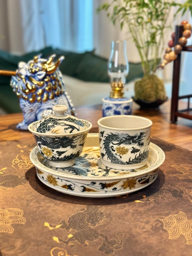 景德镇立勤堂手工手绘青花釉里金龙凤呈祥盖碗壶承主人杯精美茶具