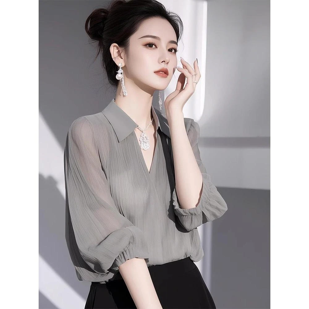 SS300新款高端欧货洋气独特别致漂亮法式减龄轻奢小众灰色衬衫