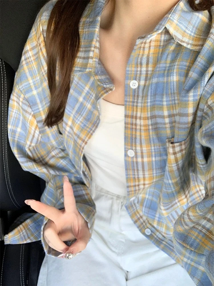 特大码2-300斤衬衣显瘦黄蓝格子百搭衬衫学生韩版2025慵懒秋上衣