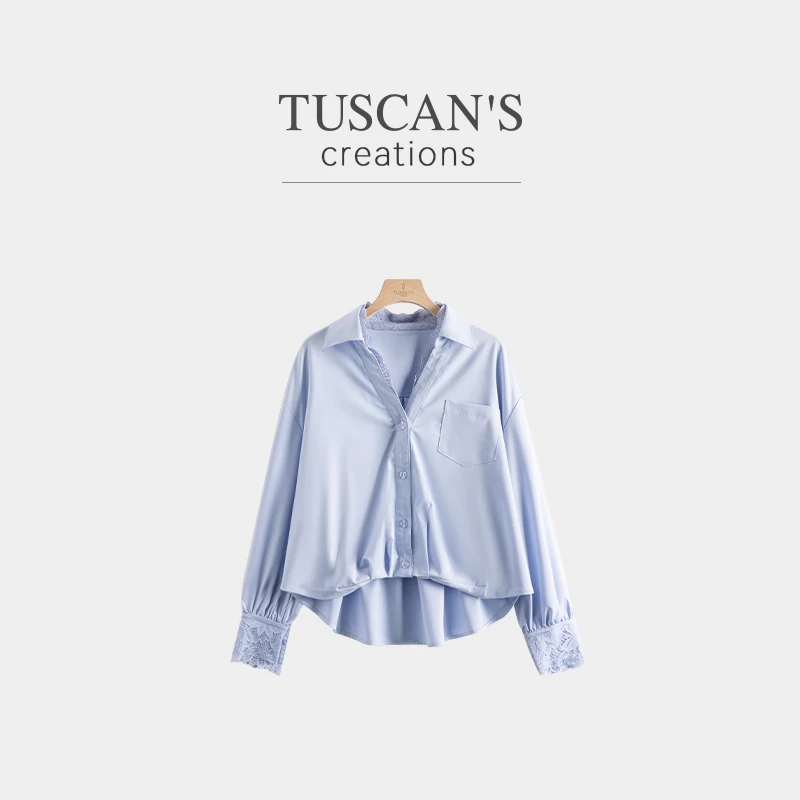 TUSCAN'S CREATIONS设计款纯色衬衣拼蕾丝边时尚百搭女士长袖衬衫