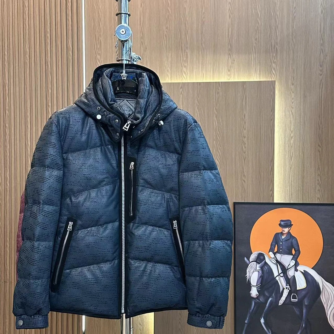【梯梯男装】男士冬款轻奢帽款皮衣2307（帽可脱卸）深蓝色现货