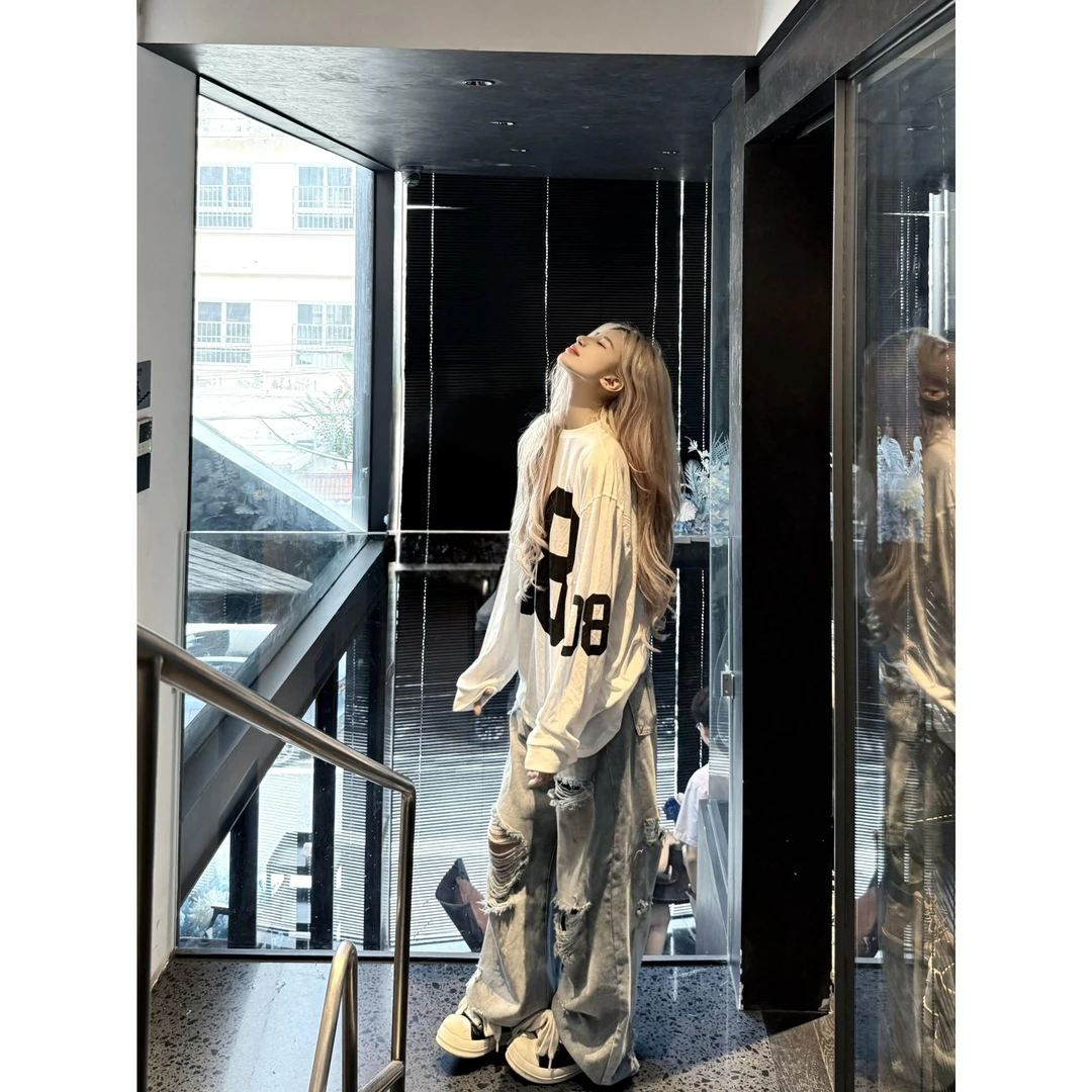 【帝韵】美式高街运动数字印花长袖T恤女早秋新款潮牌球服打底上衣