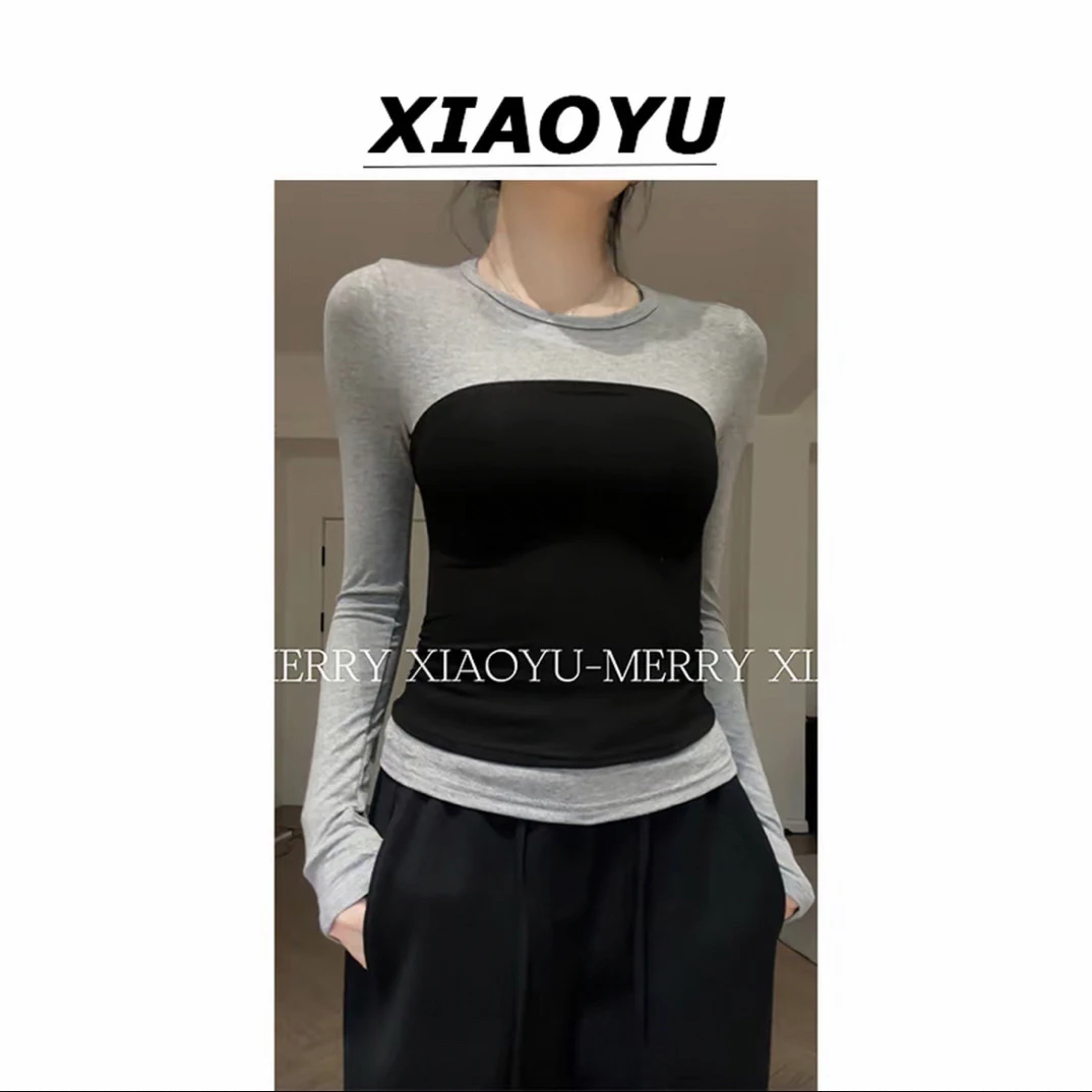 小鱼【高智感系】小众设计感撞色拼接长袖T恤显瘦百搭上衣