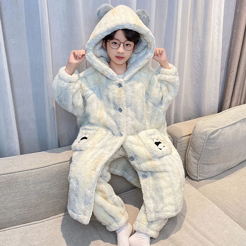 冬季睡袍儿童睡衣加绒款男童珊瑚绒加厚长款套装开衫小男孩家居服