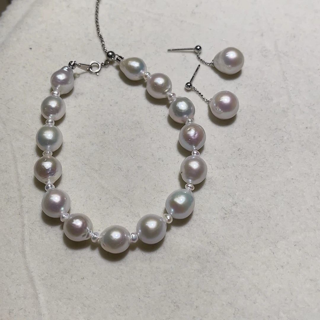 银S925镶嵌淡水珍珠手链耳环