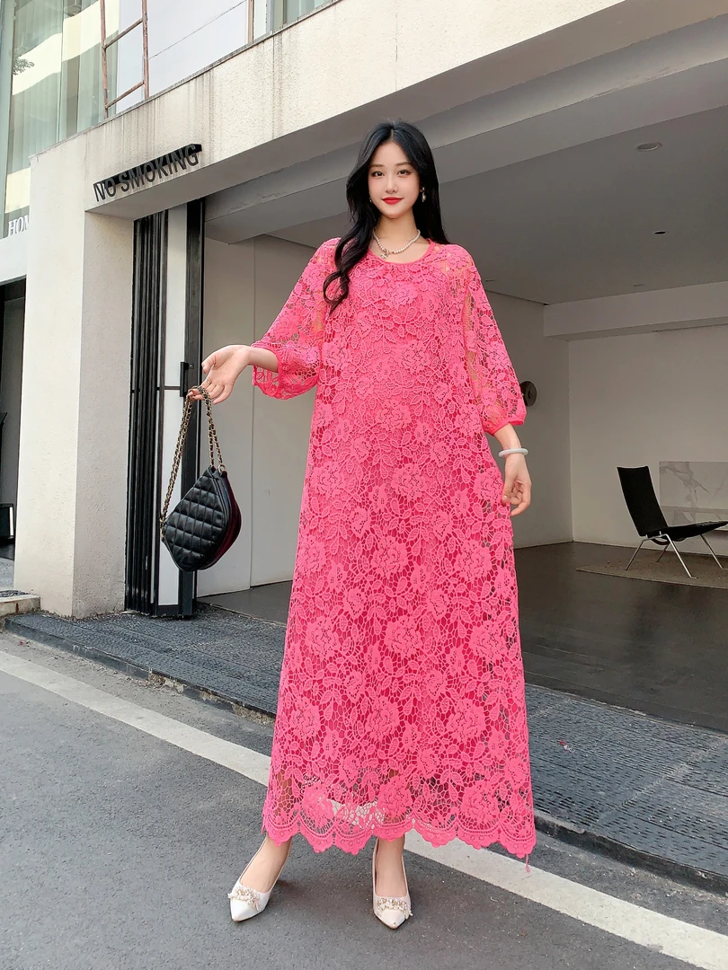 高级连衣裙蕾丝水溶新款长款重工镂空大码女装宽松显瘦洋气长裙