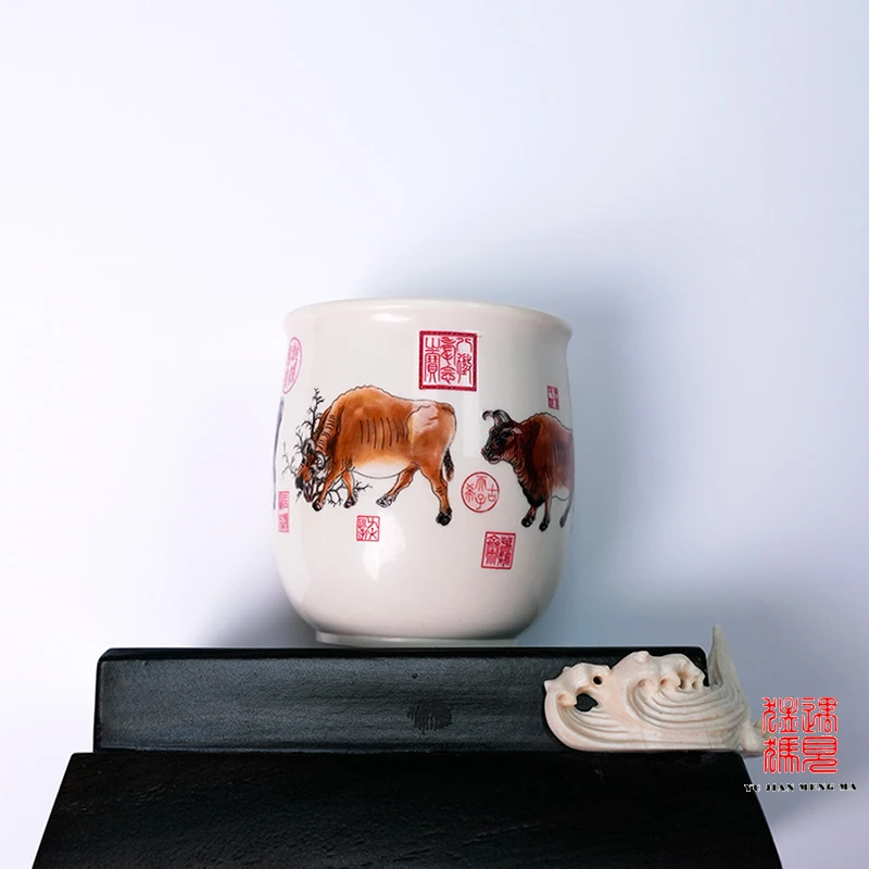 【遇见猛犸】猛犸象牙纯手工雕刻天然保真十大名画五牛图微刻茶杯