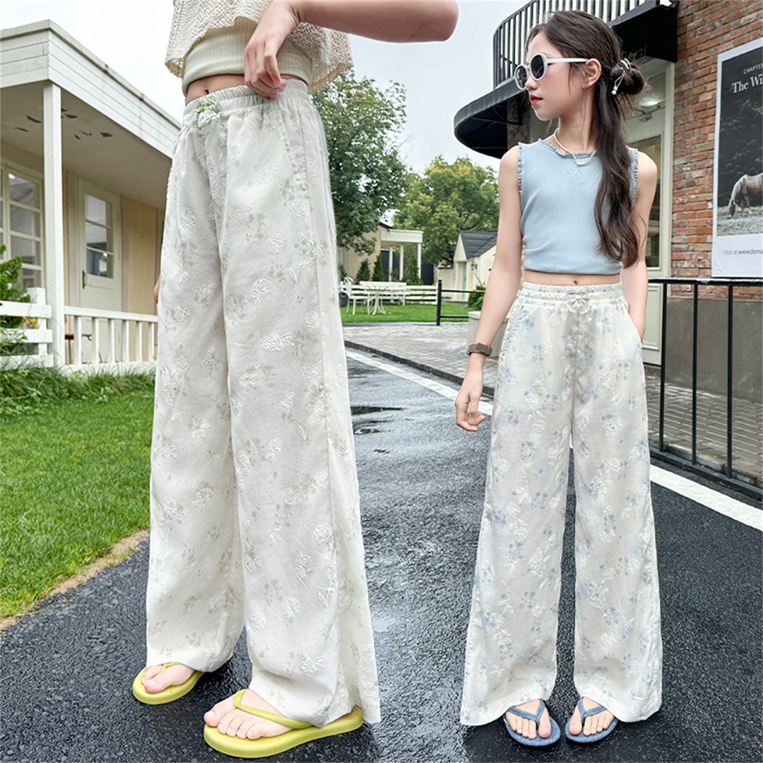 女童夏装裤子2025新款儿童休闲裤大童复古提花冰感碎花直筒阔腿裤