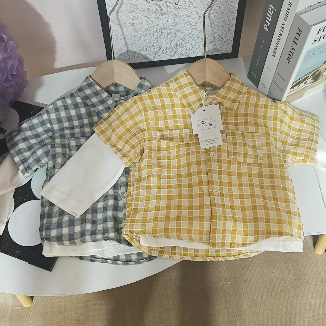 E34（大米家）男女童格子衬衫长袖两件套