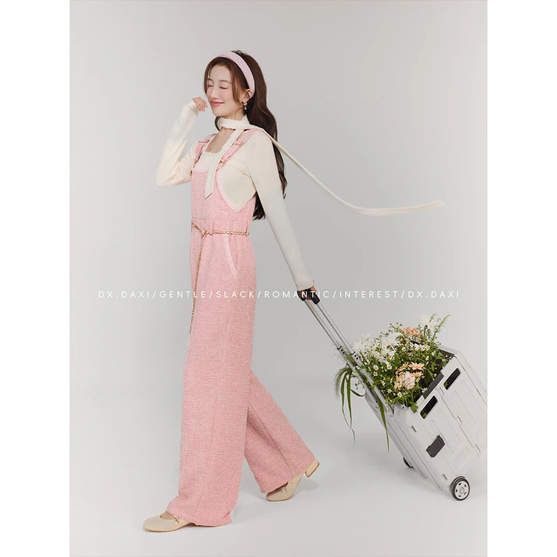 代大喜【梦境】小香风优雅气质粗花呢粉色减龄背带裤春季新款休闲裤