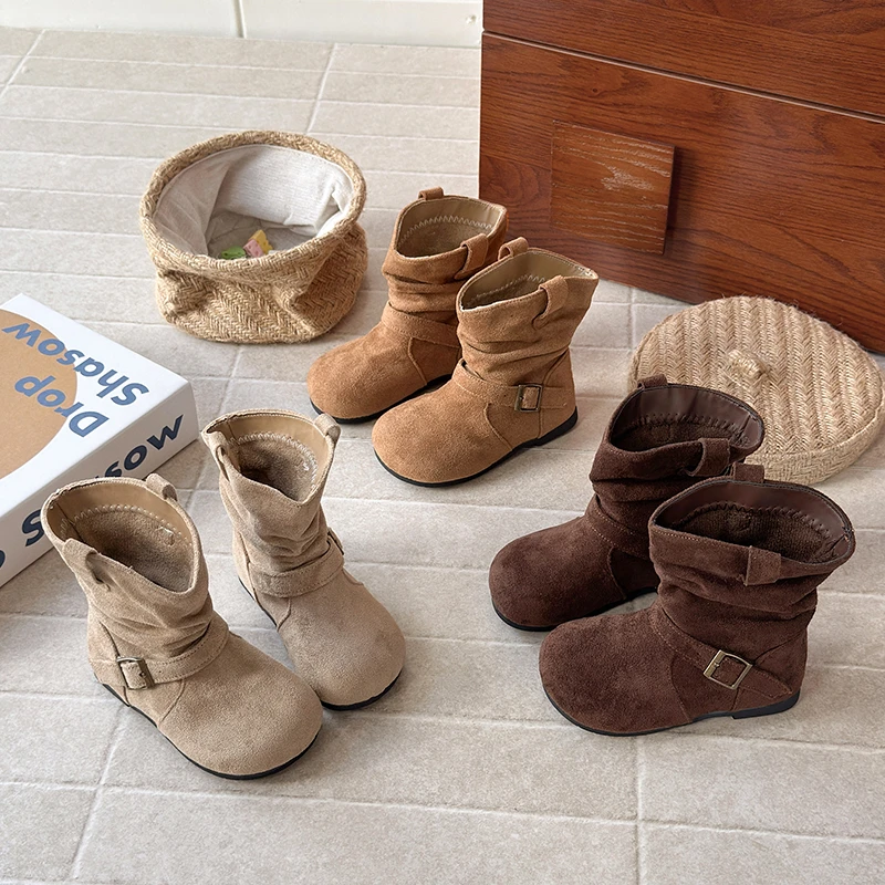 儿童靴子2025秋冬季新款女童搭扣轻奢简约加绒短靴女孩软底勃肯靴