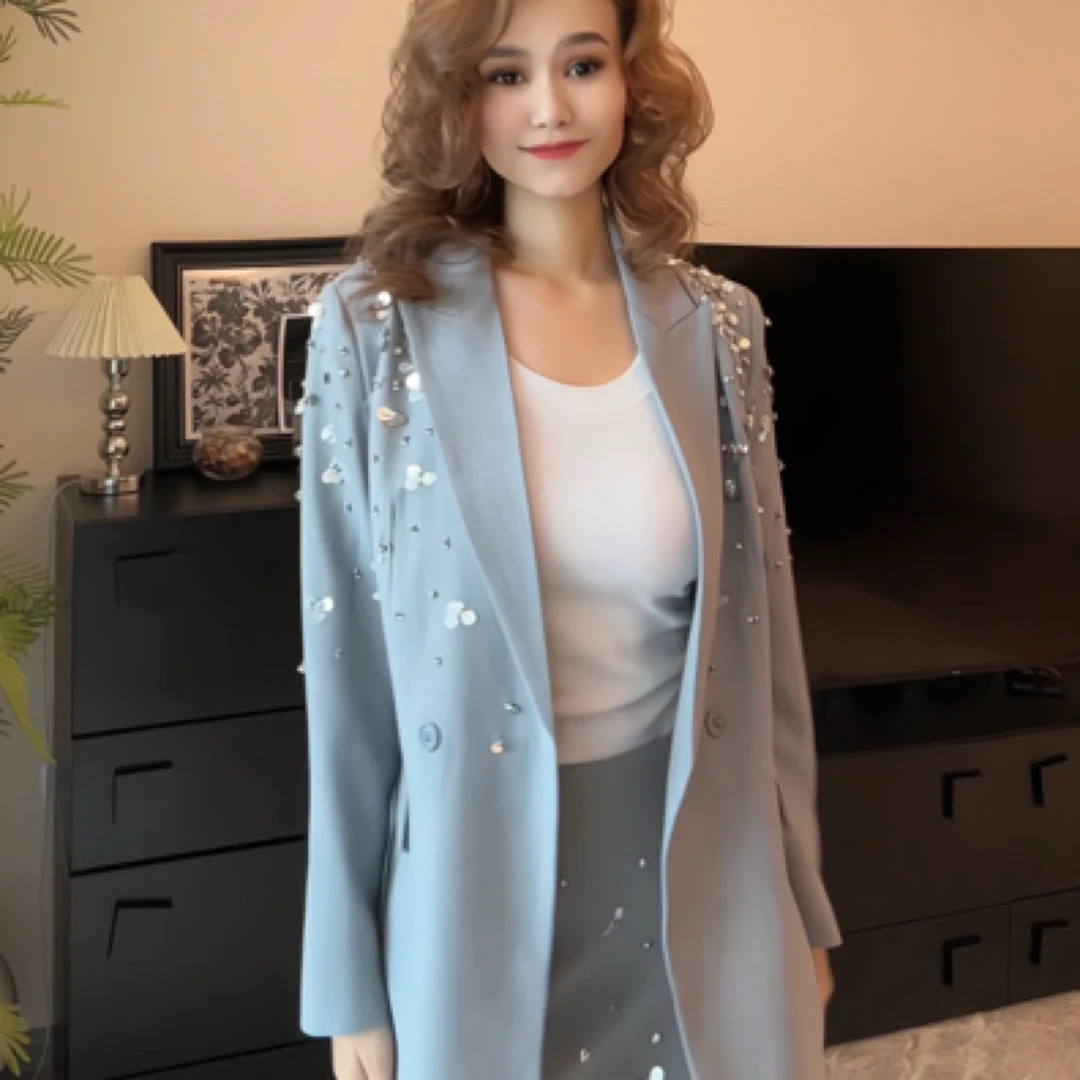 欧美款高级重工珠片灰色西装+半身裙套装