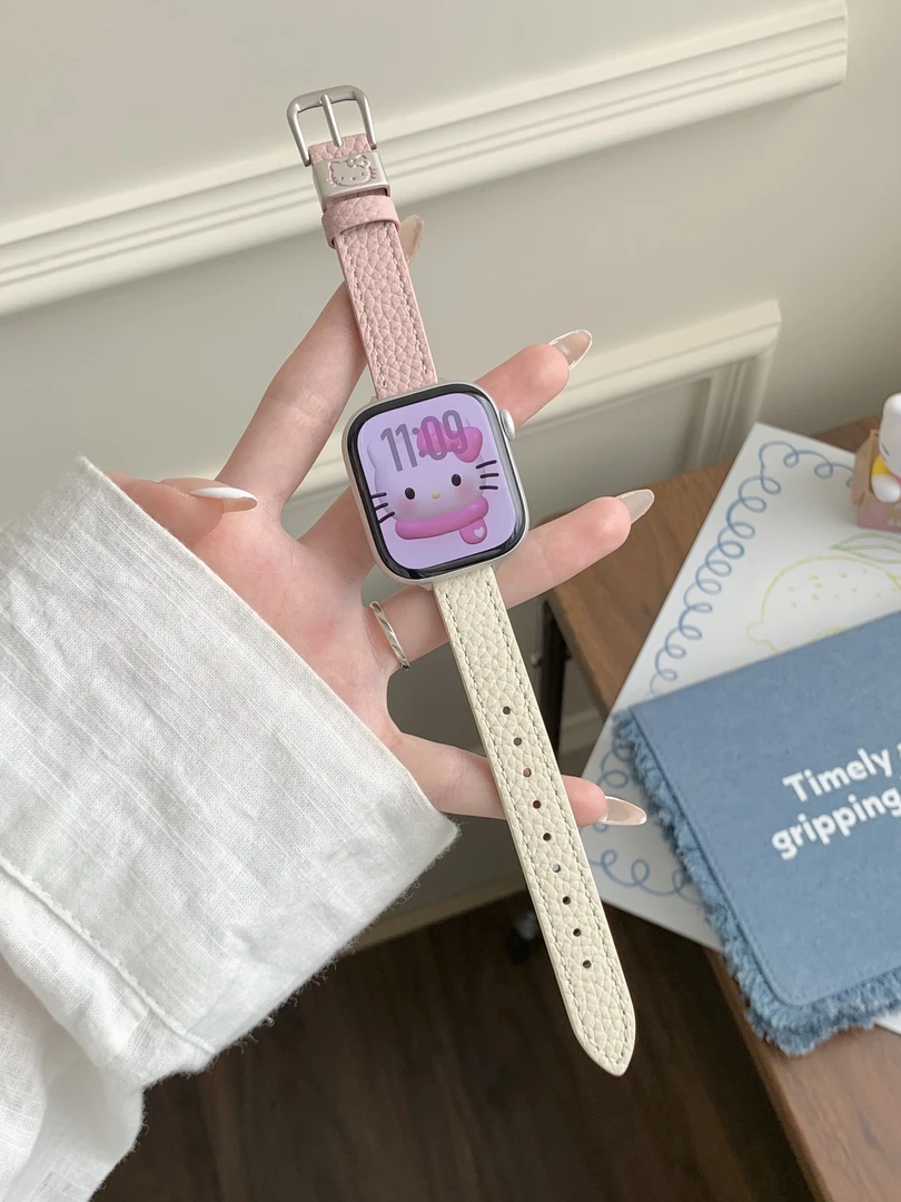 可爱KT猫荔枝纹拼色表带适用苹果iWatchs11s10s9s8s7高级真皮女se